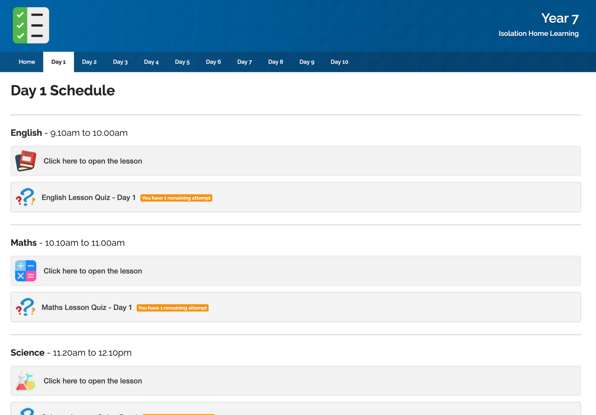 Screenshot of remote learning page.