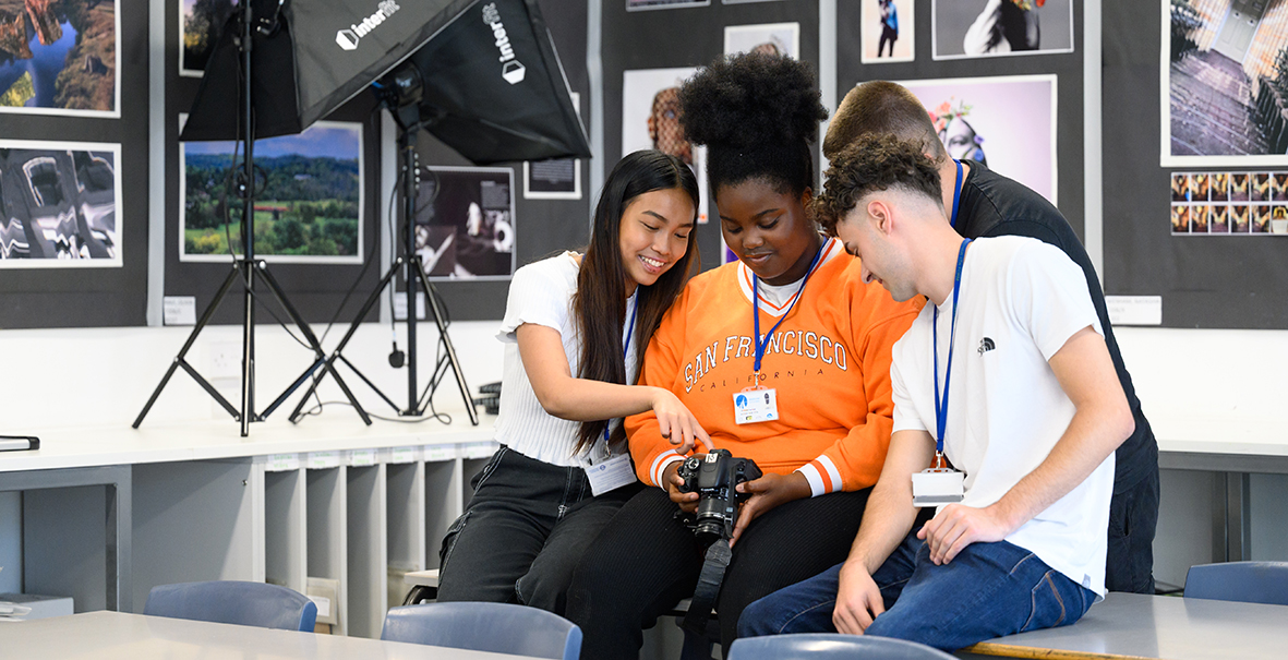 Greenshaw Sixth Formers in  the art room using the photography equipment