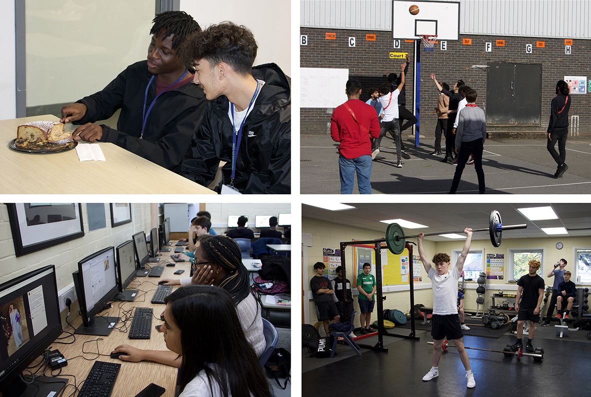 Photos of entichment activities: computing, cookery, basketball and fitness club.